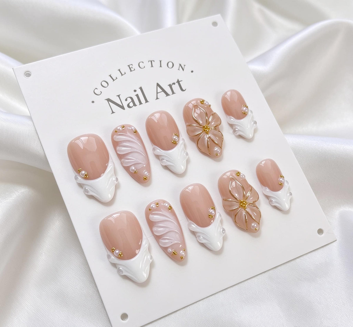 Bridal Sheer Nude Pink Nails with White Wave French Tips and Gold Floral Details