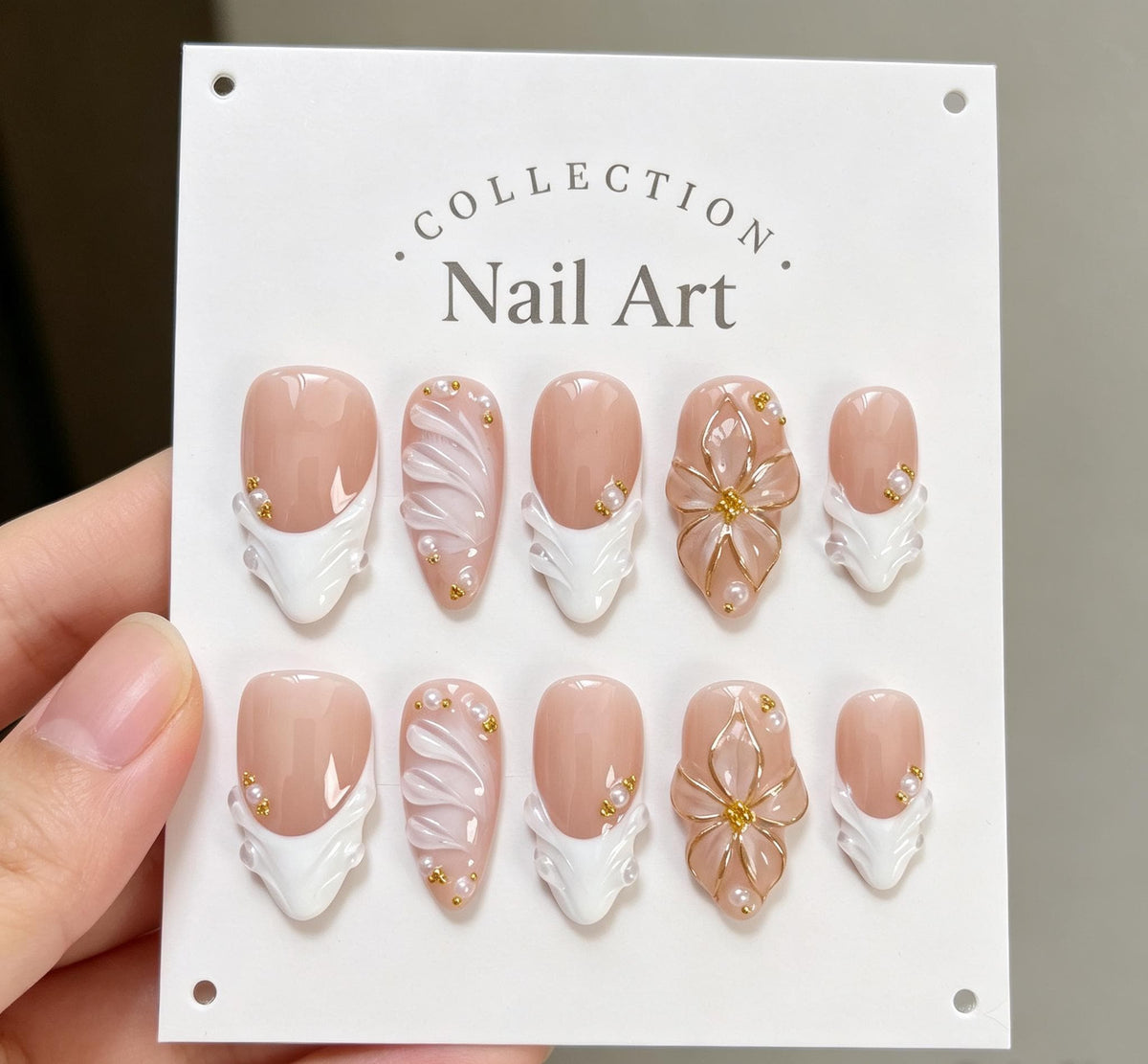 Bridal Sheer Nude Pink Nails with White Wave French Tips and Gold Floral Details