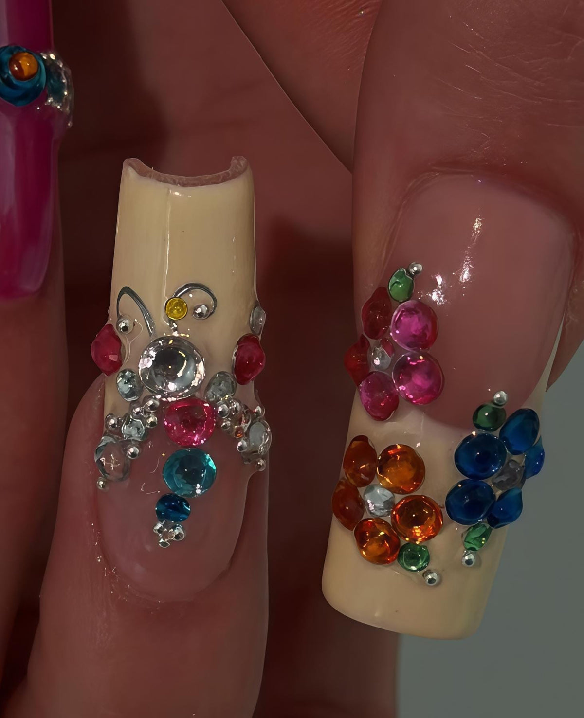 Bright Multicolor Rhinestone Y2K Press On Nails for Parties and Festivals