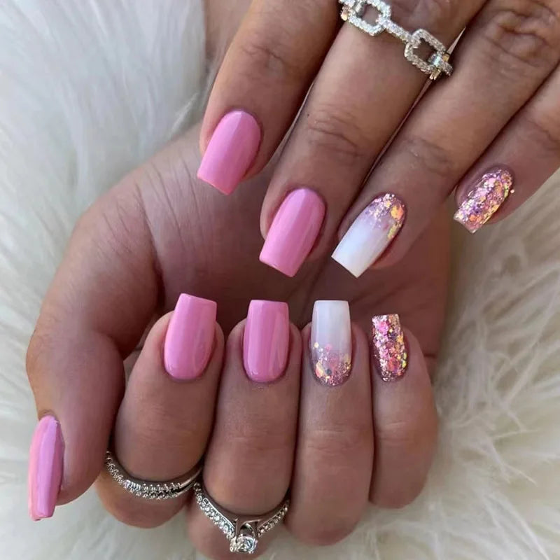 Bright Pink Press-On Nails With White Gradient and Chunky Glitter Accents
