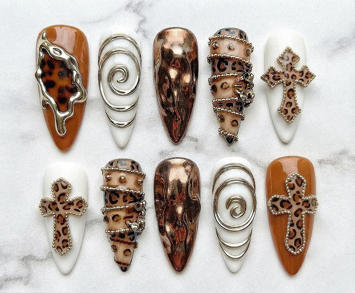 Bronze Leopard and Cross Press-On Nail Set