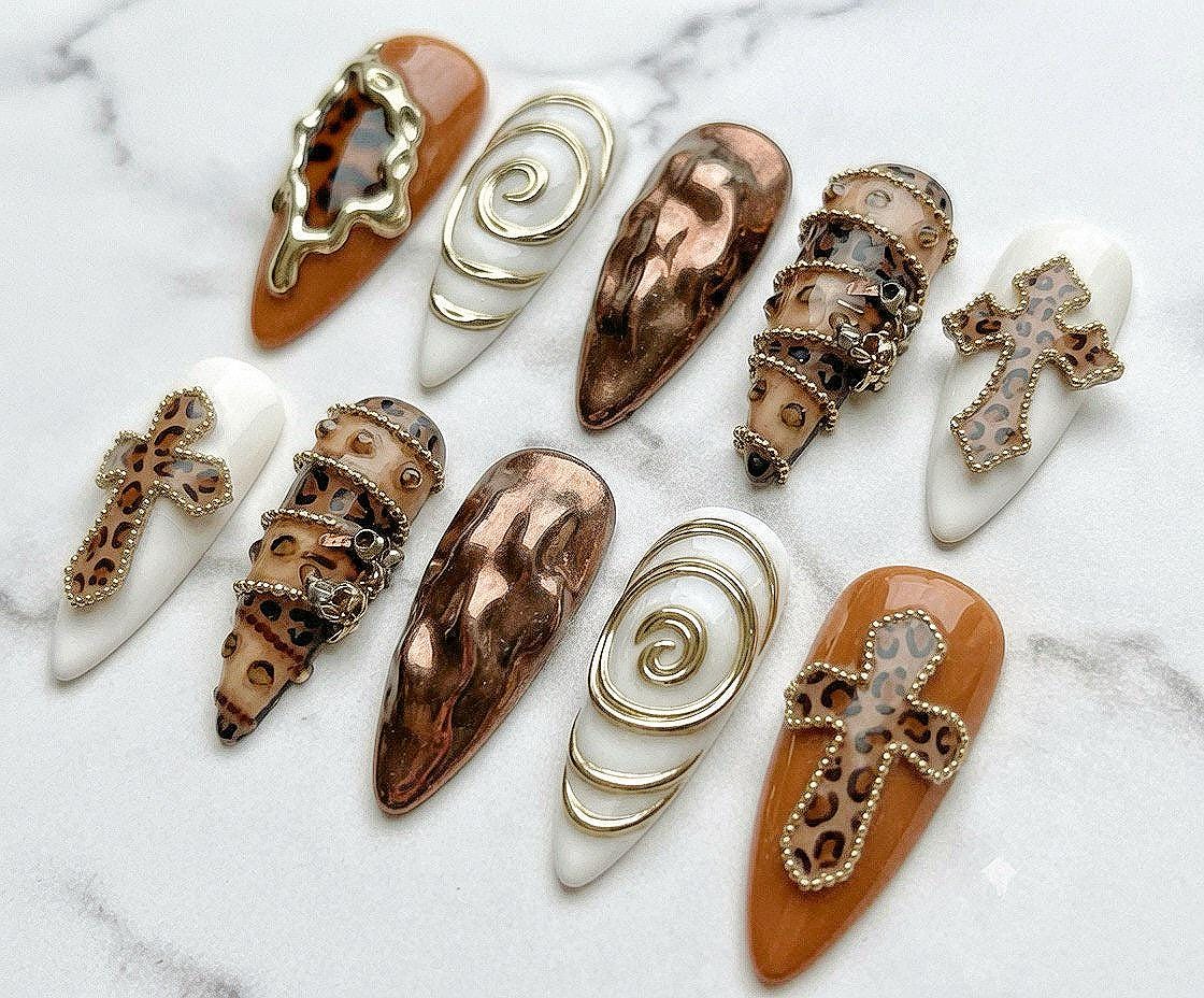 Bronze Leopard and Cross Press-On Nail Set
