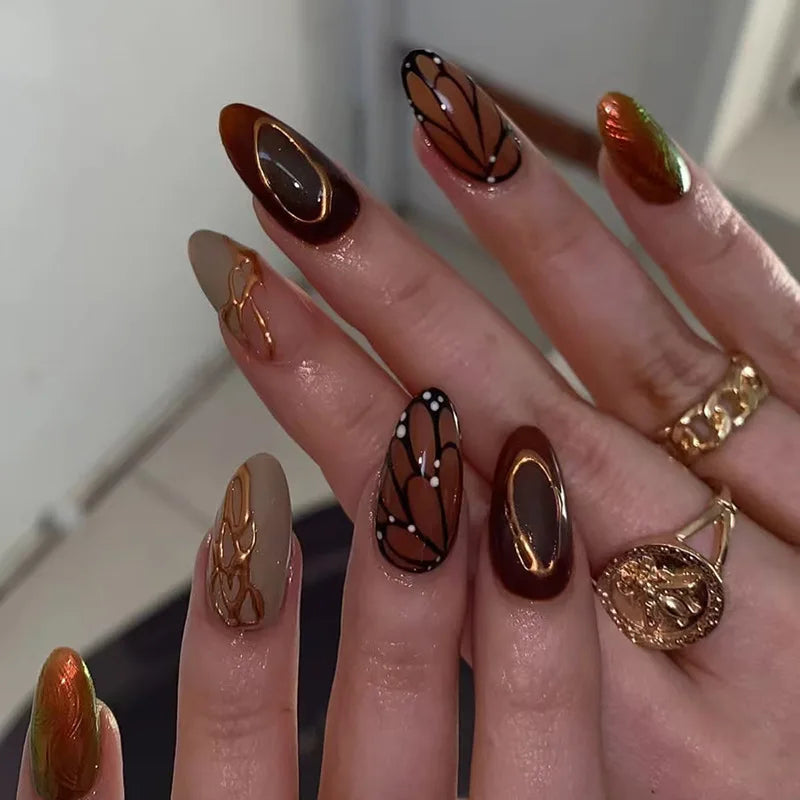 Brown Amber Butterfly Wing Press On Nails With Gold Linework