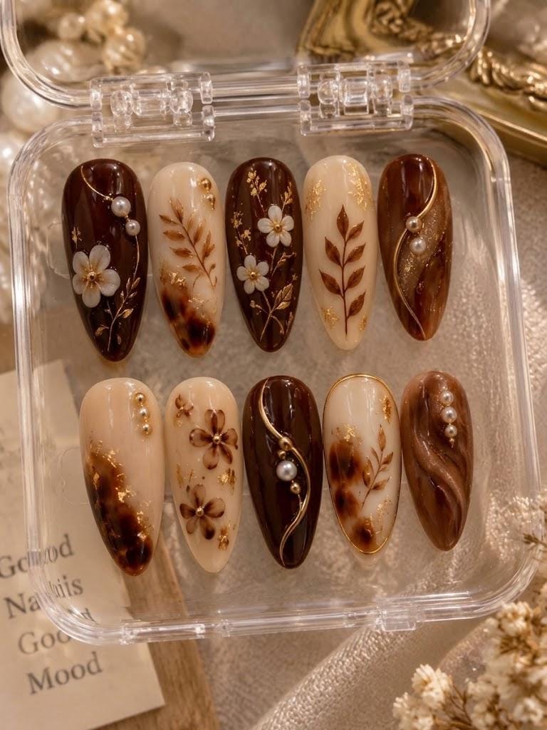 Brown and Amber Floral Press On Nails With Gold Foil and Pearl Details