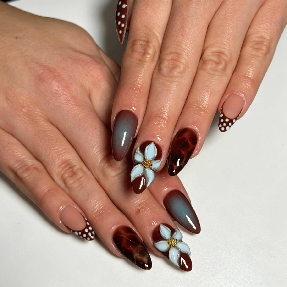 Brown and Blue Ombré Nails with Tortoiseshell, 3D Flowers and Polka Dot French Tips