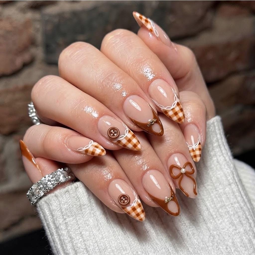 Brown and Cream Gingham French Tip Nail Set with Bow and Button Details for Fall and Winter