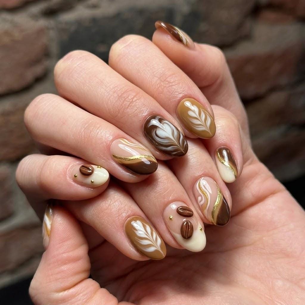 Brown and Cream Latte Swirl Fall Press-On Nails with Coffee Beans and Gold Accents