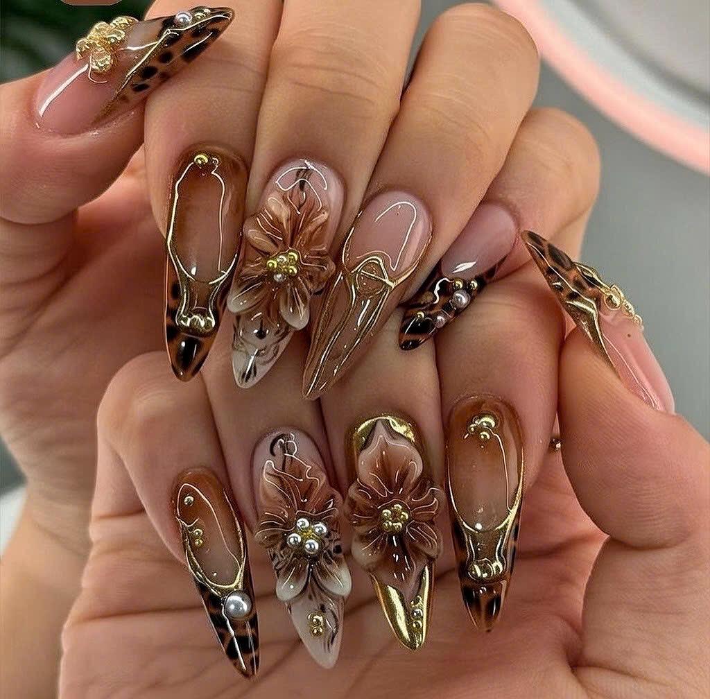Brown and Gold 3D Flower Leopard Print Press-On Nail Set