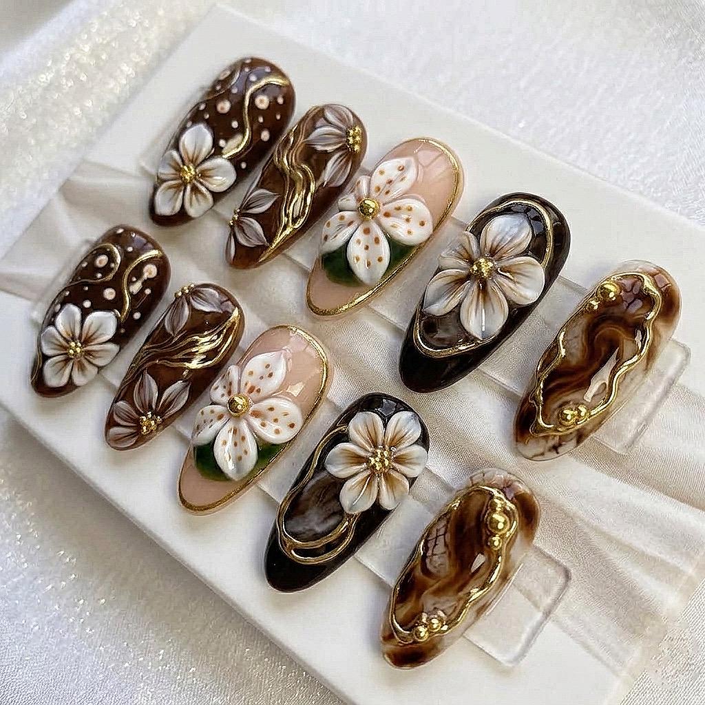 Brown and Gold Fall Floral Press On Nail Set With 3D Flowers and Marble Accents