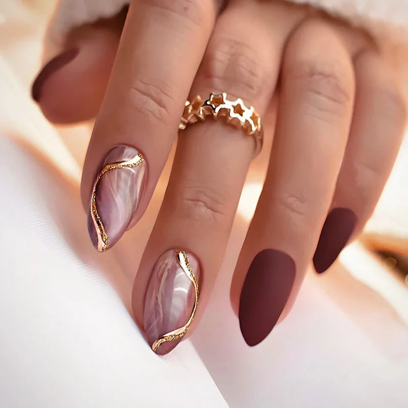 Brown and Mauve Marble Press On Nails with Raised Gold Trim