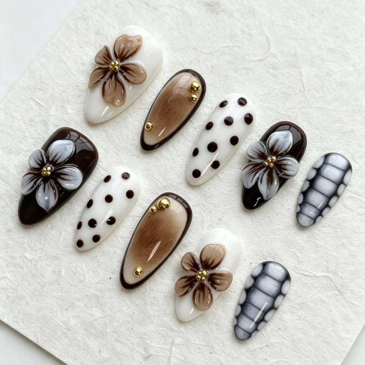 Brown and White Floral Polka Dot Press On Nails with Gold Bead Accents
