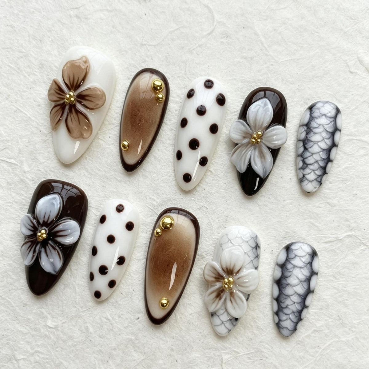 Brown and White Floral Polka Dot Press On Nails with Gold Bead Accents