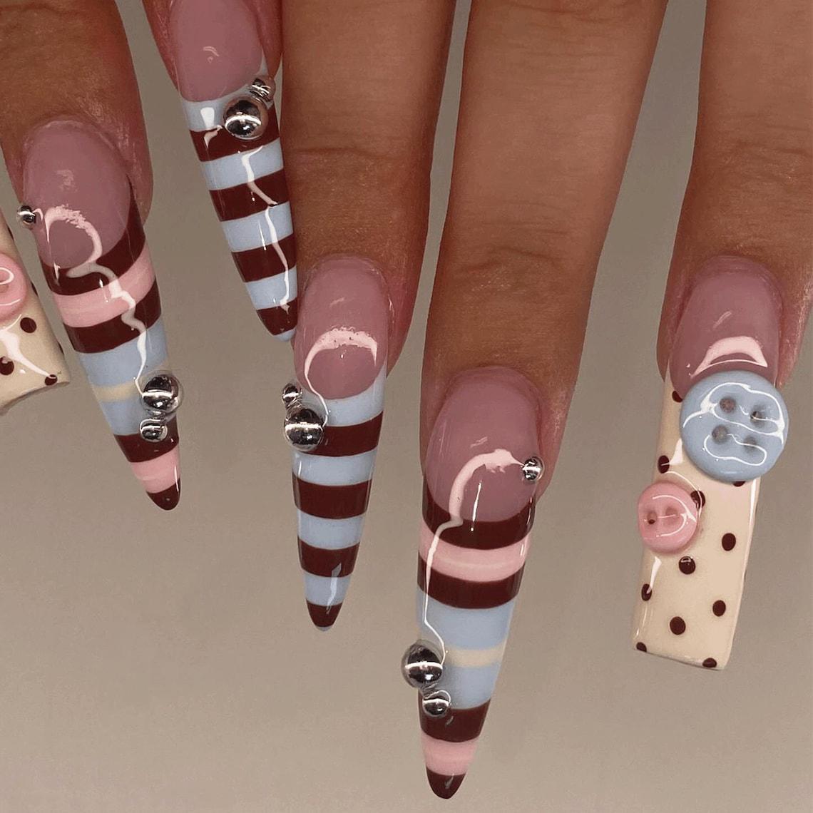 Brown, Blue & Pink Striped Polka Dot Button Press On Nails