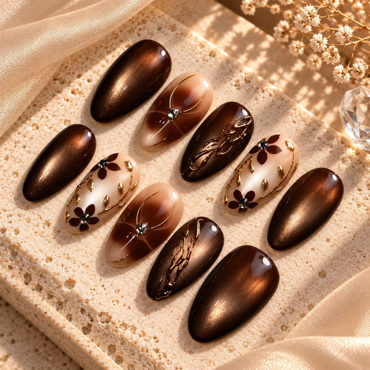 Brown Cat Eye and Nude Floral Press On Nails with Gold Details
