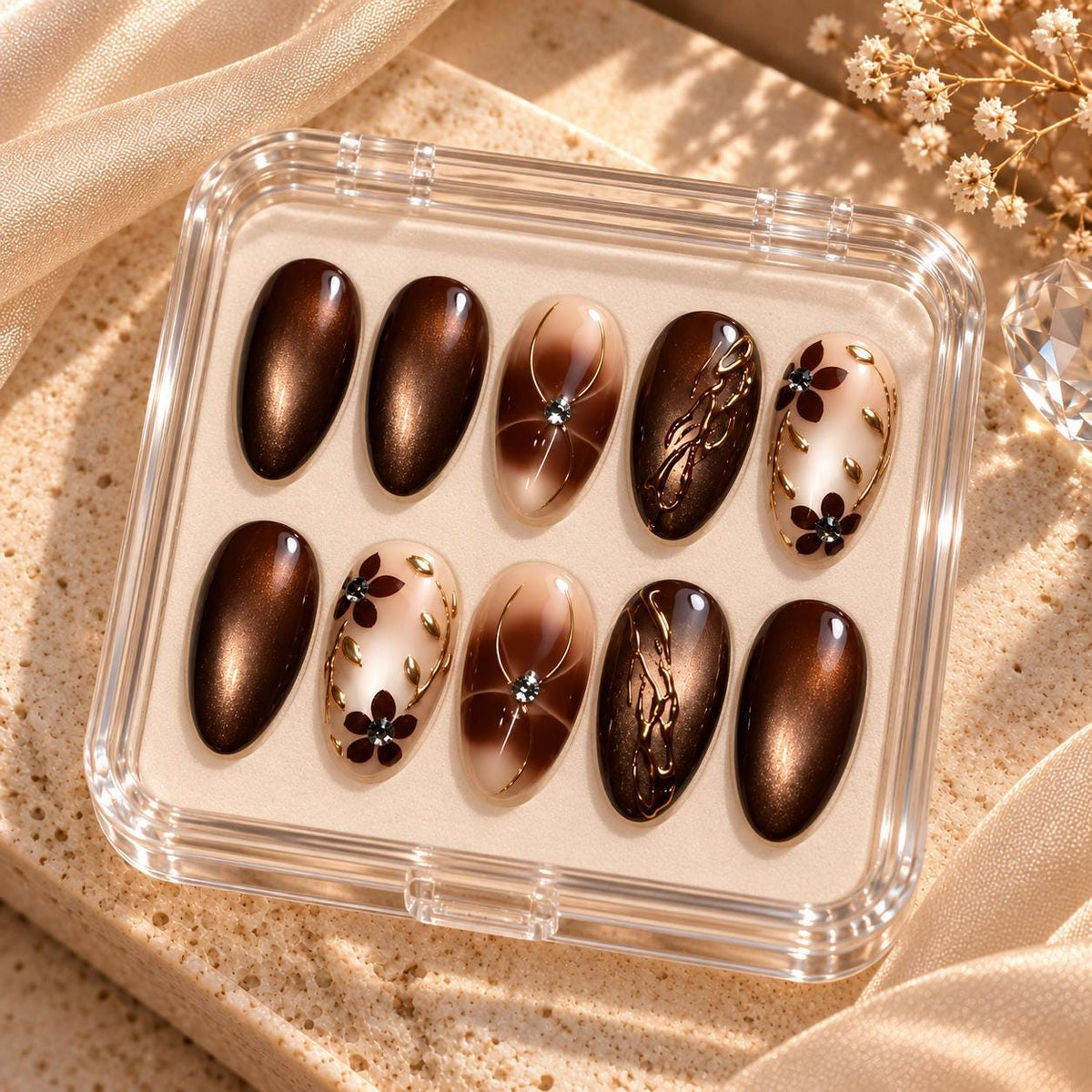 Brown Cat Eye and Nude Floral Press On Nails with Gold Details
