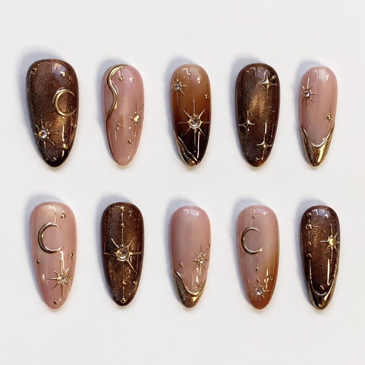 Brown Cat Eye Celestial Press On Nails with Gold Moons and Stars