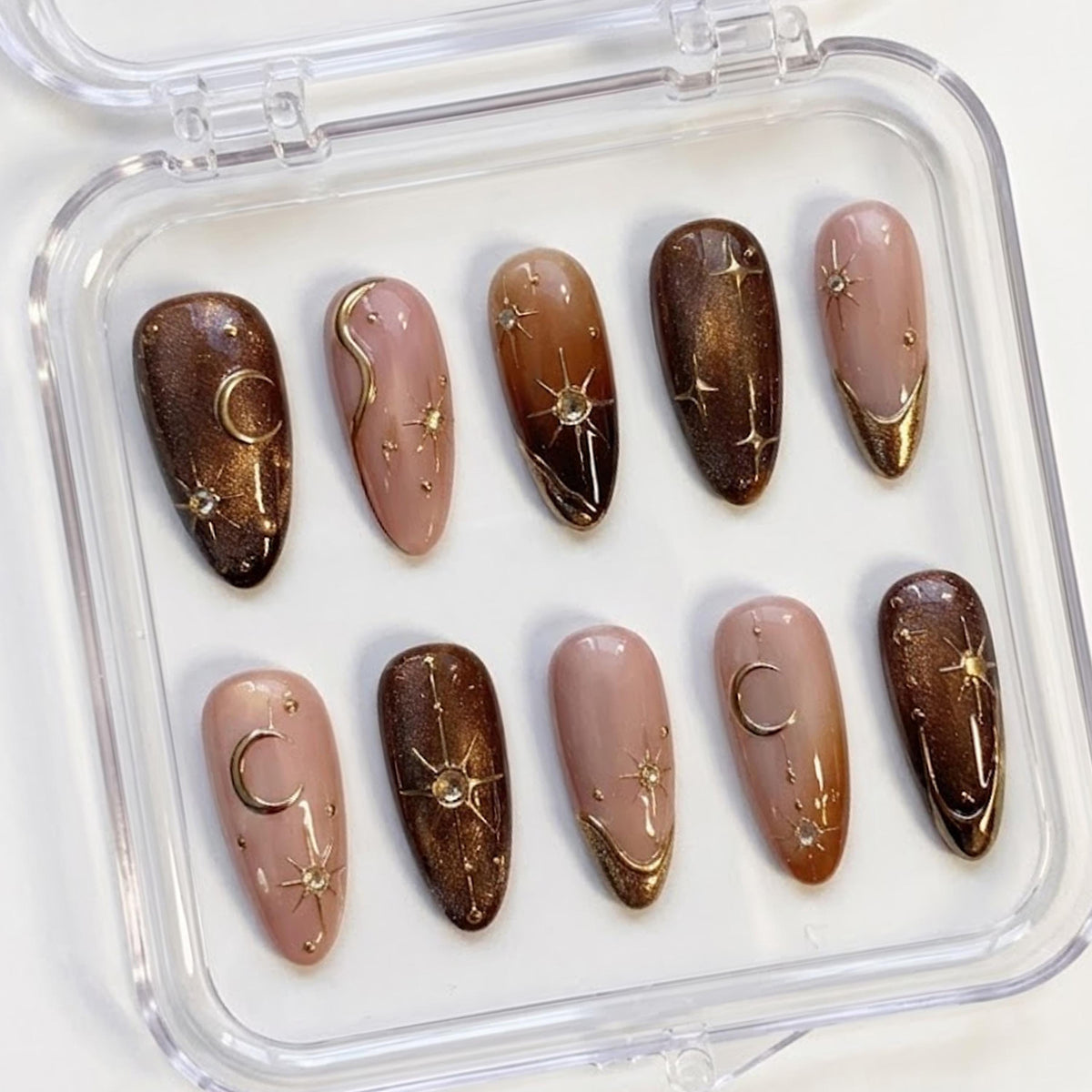 Brown Cat Eye Celestial Press On Nails with Gold Moons and Stars
