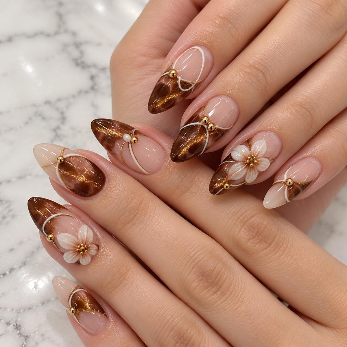 Brown Cat Eye Floral Press-On Nails With 3D White Flowers and Gold Details