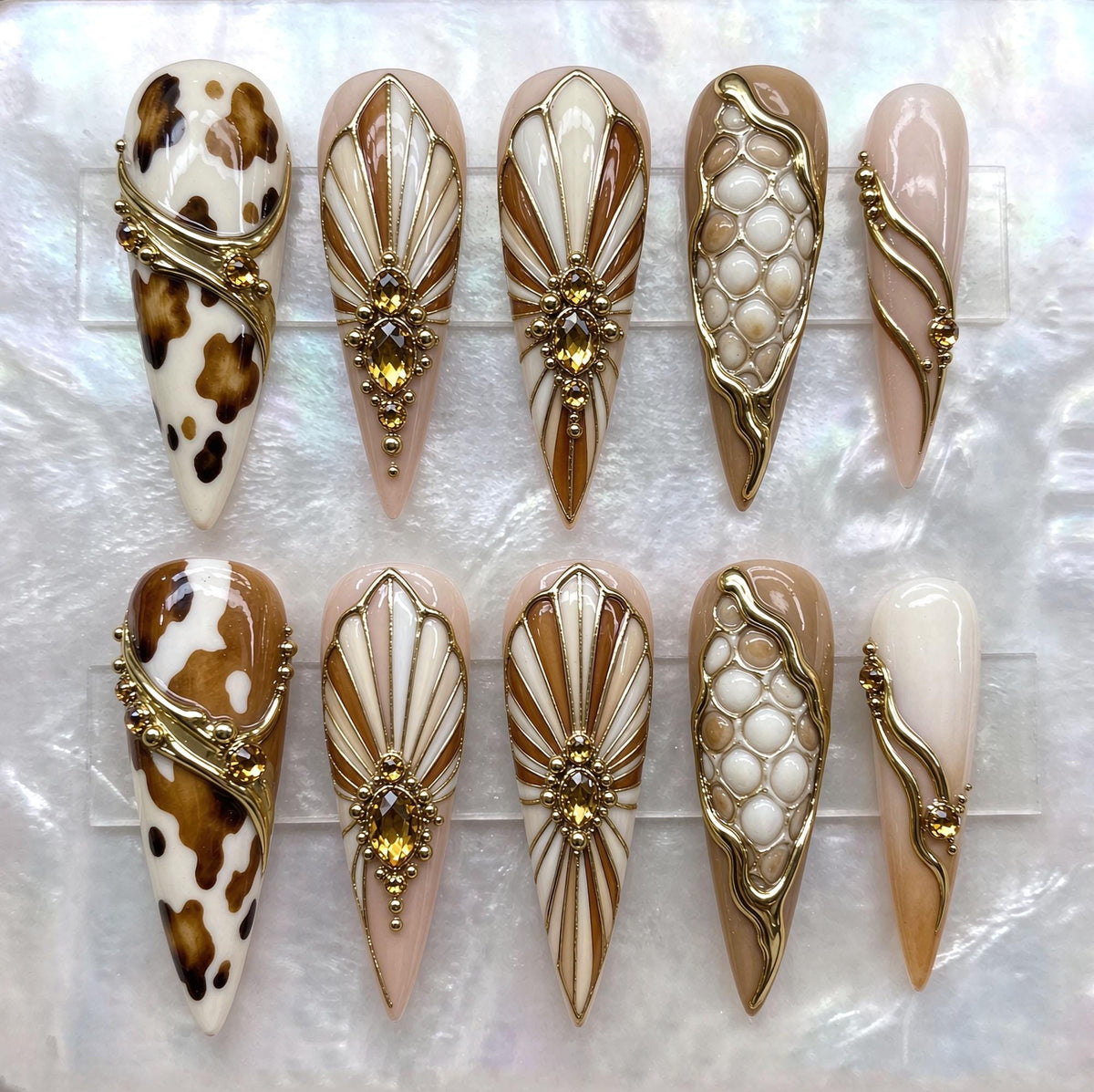 Brown Cow Print and Gold Art Deco Rhinestone Nail Set