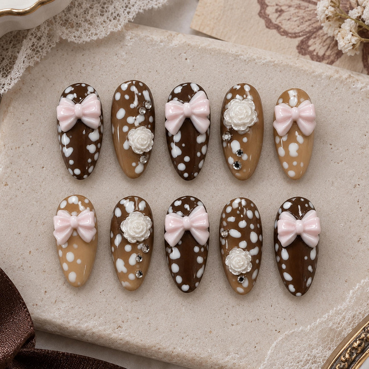 Brown Cow Print Press-On Nails with 3D Pink Bows, White Roses, and Rhinestones