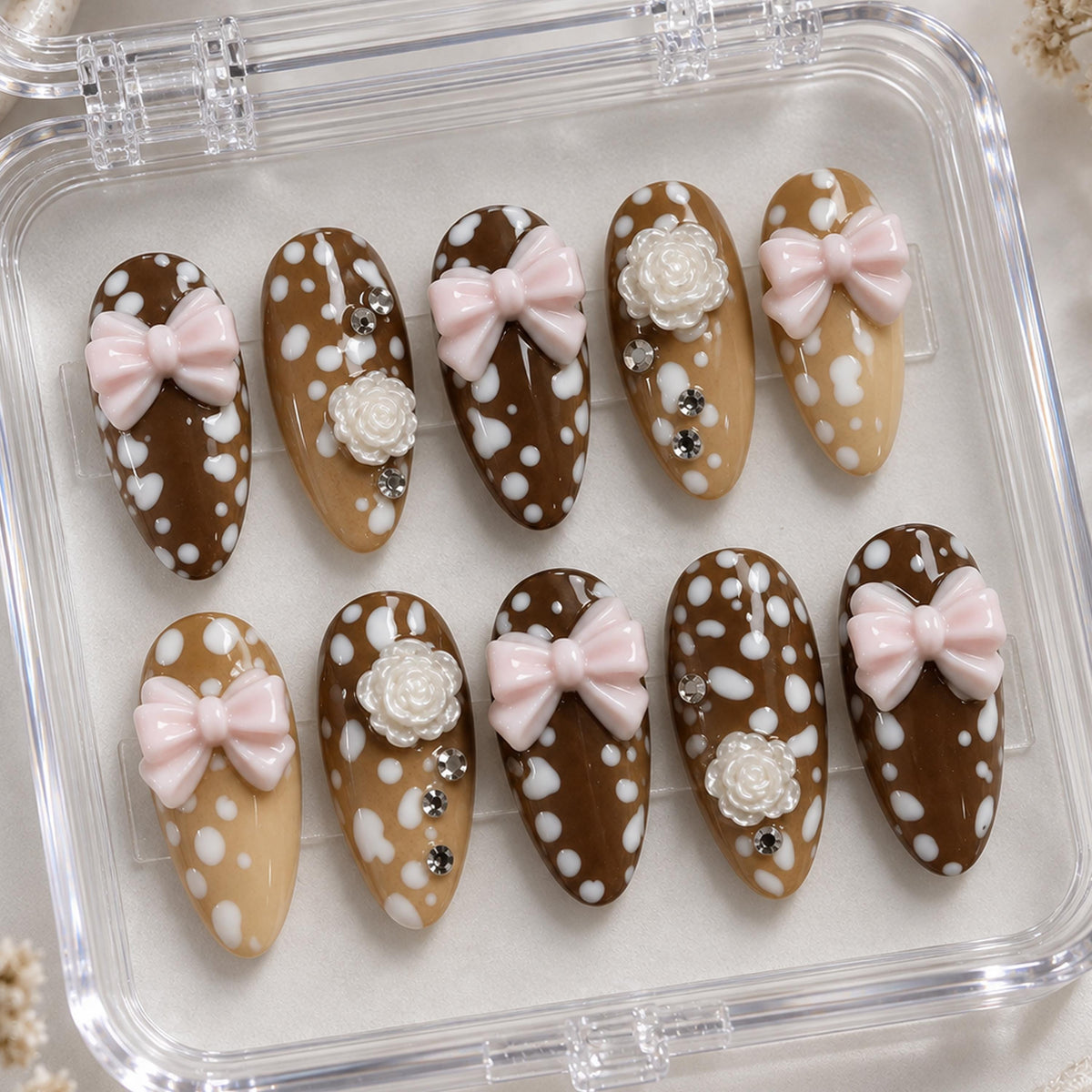 Brown Cow Print Press-On Nails with 3D Pink Bows, White Roses, and Rhinestones