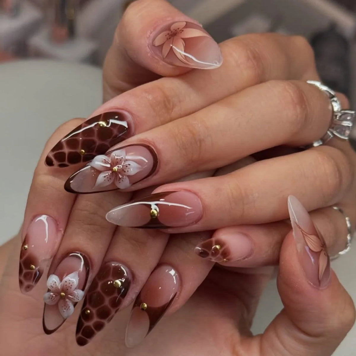 Brown Croc French Tip Press On Nails With 3D White Flowers
