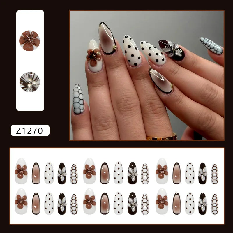 Brown Floral and Polka Dot French Tip Press On Nails