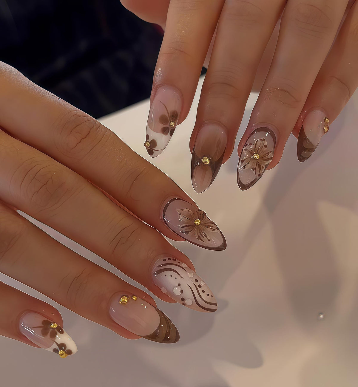 Brown Floral Press-On Nails With Gold Accents