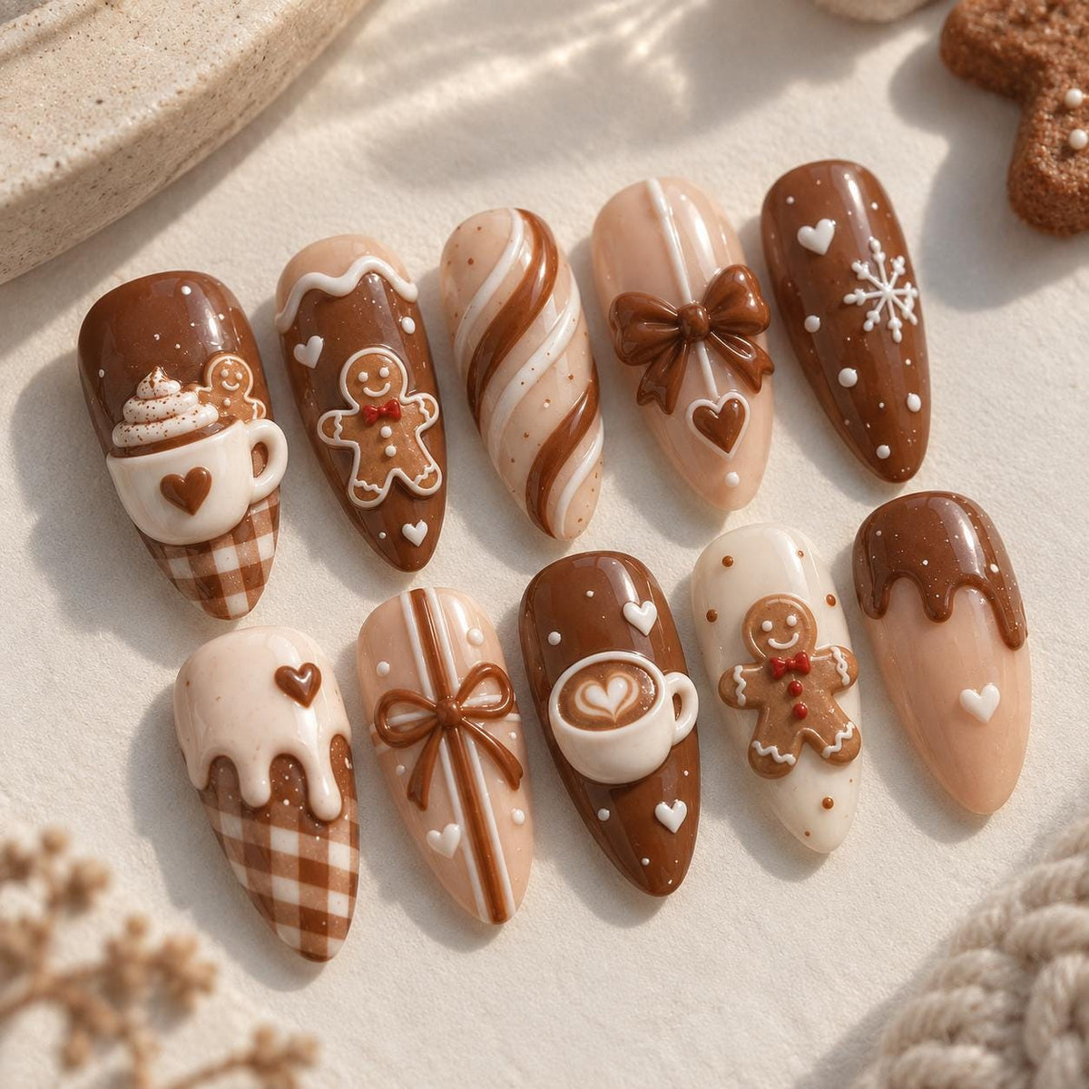 Brown Gingerbread and Coffee Christmas Press On Nails