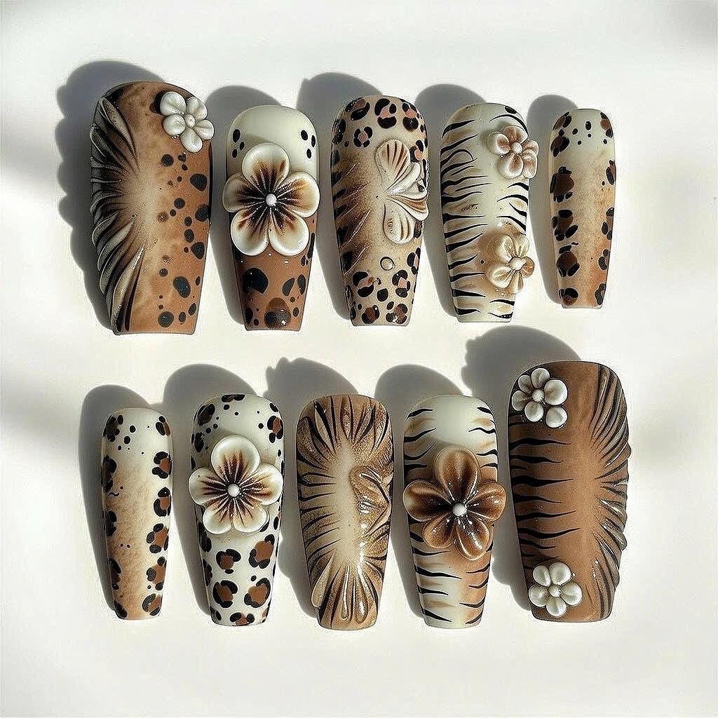 Brown Leopard and Tiger Stripe Nails with 3D Flowers