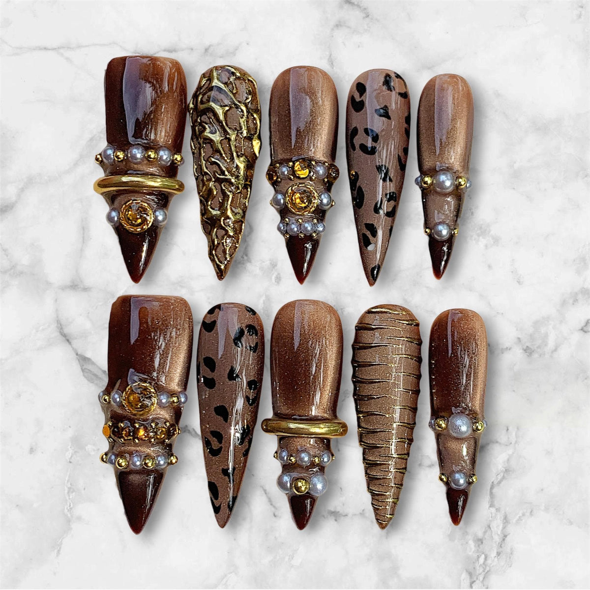 Brown Mocha Leopard Press-On Nails With Raised Gold Bands and Pearl Accents