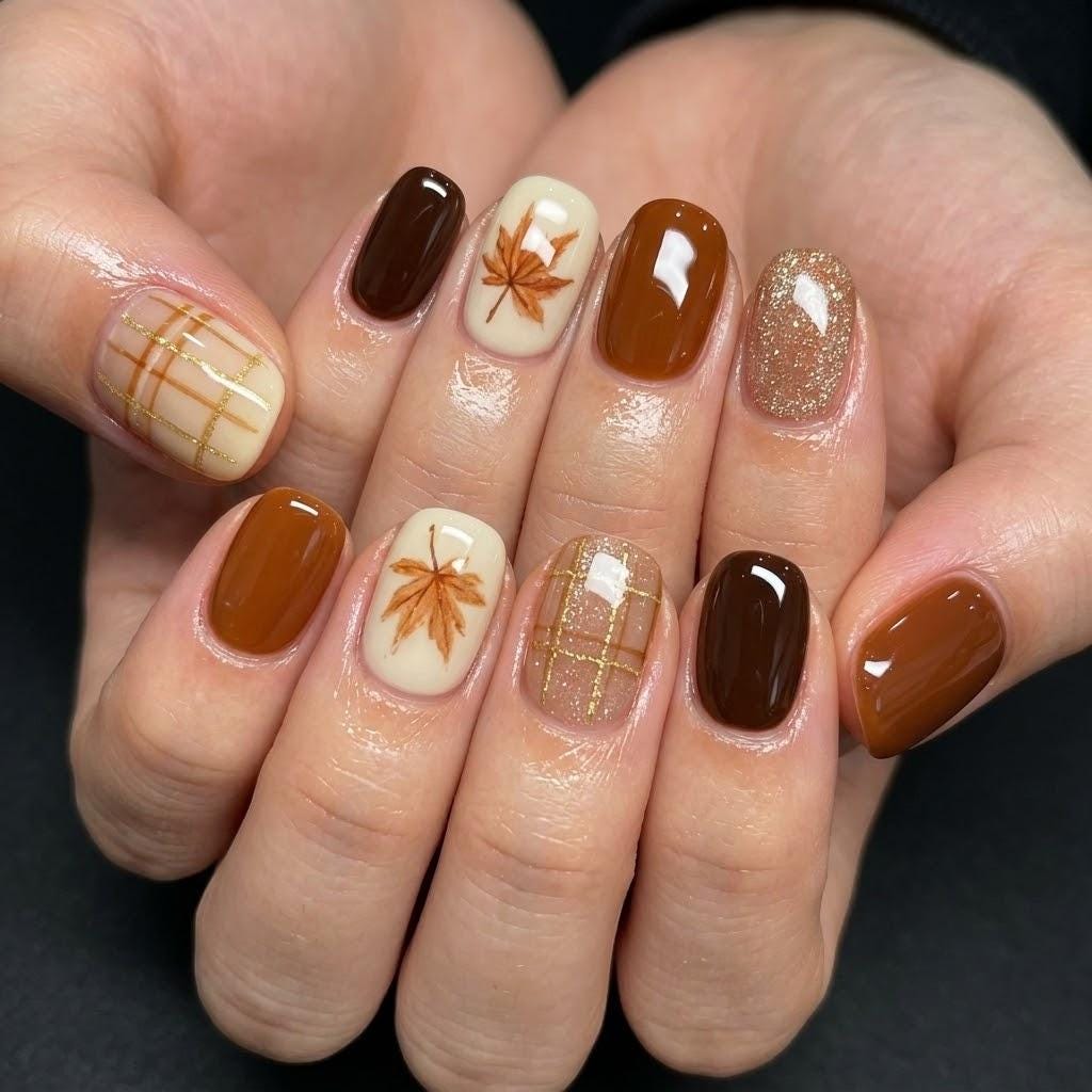 Brown Plaid and Maple Leaf Press On Nails for Autumn and Thanksgiving