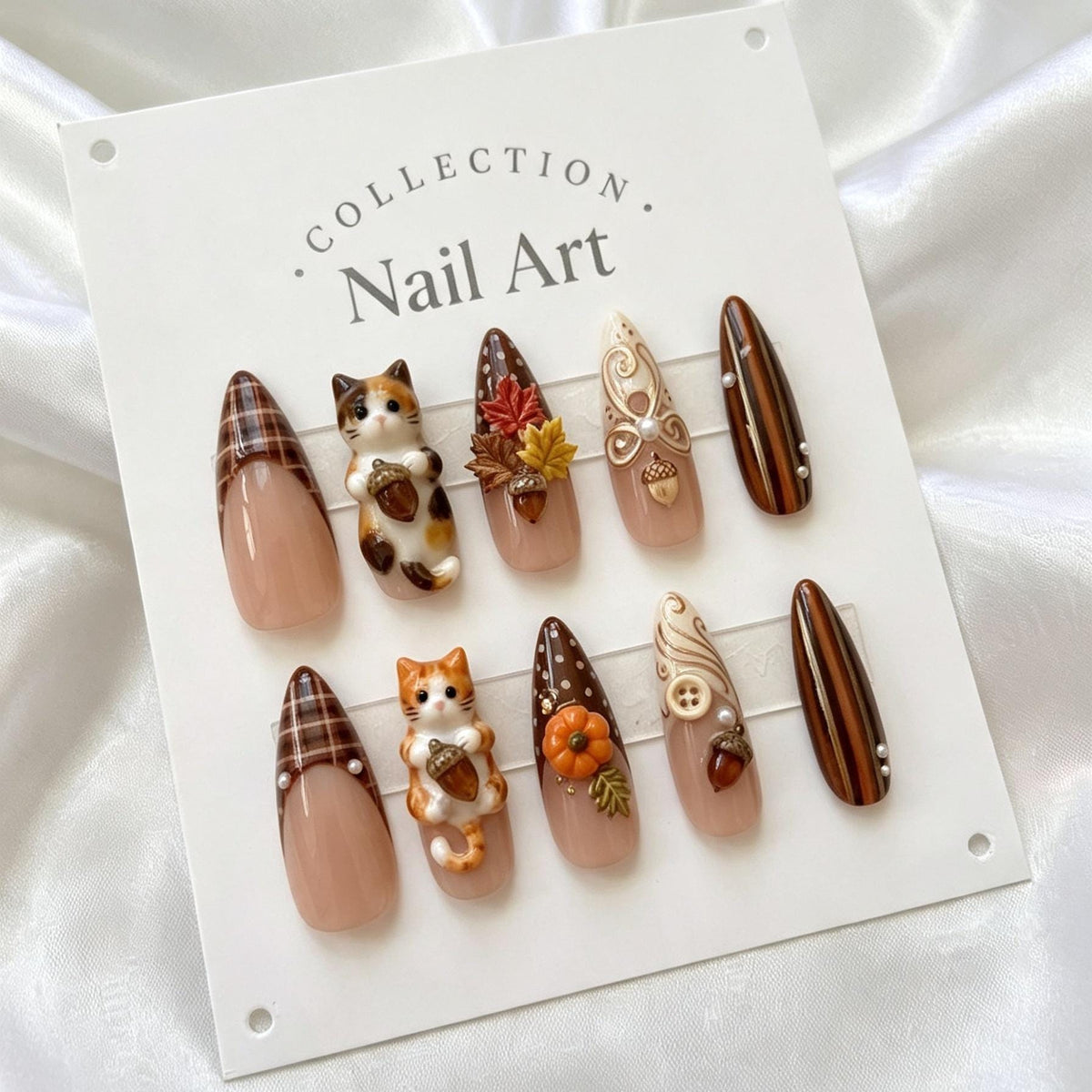 Brown Plaid Fall Harvest Press On Nails With 3D Cats, Acorns, and Autumn Details