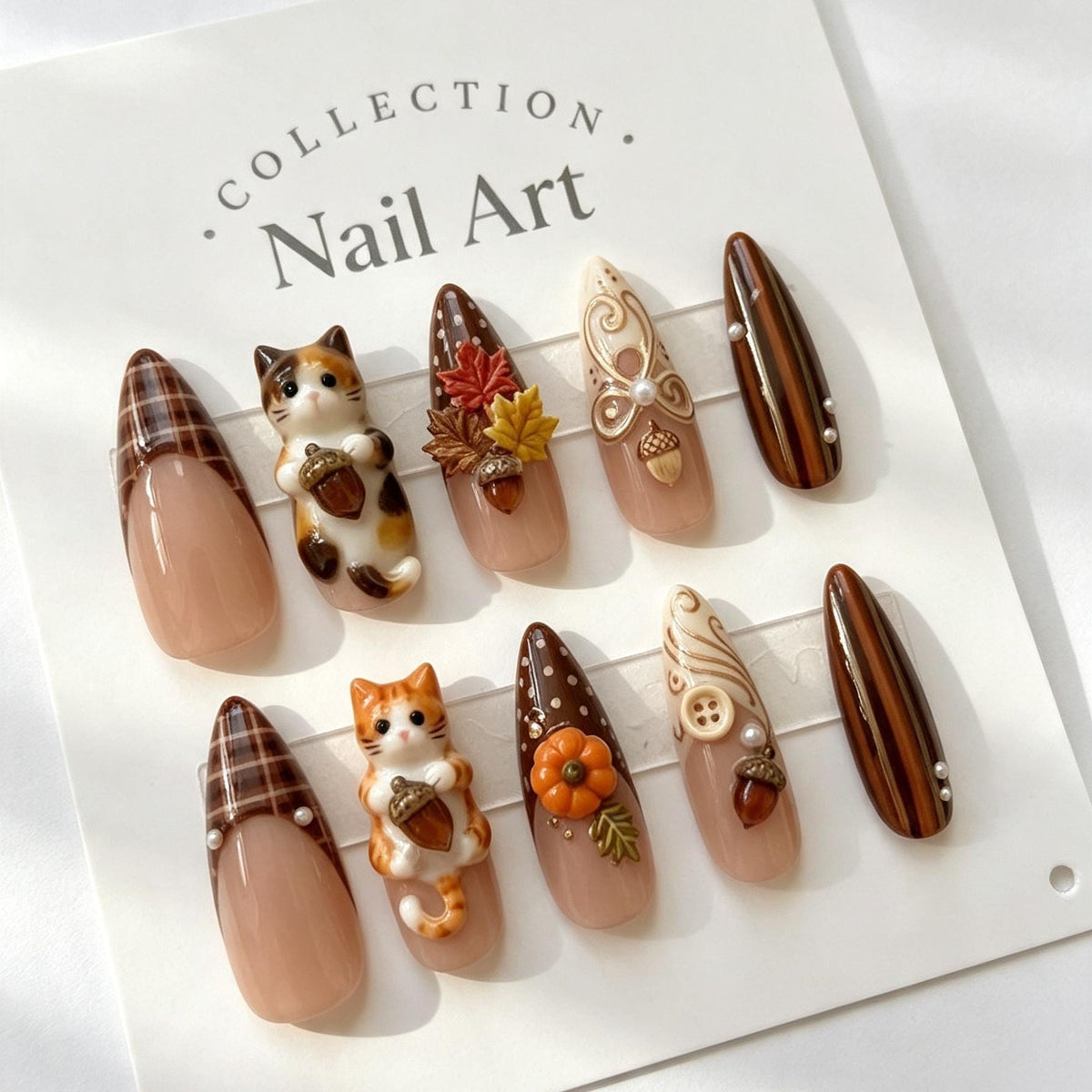 Brown Plaid Fall Harvest Press On Nails With 3D Cats, Acorns, and Autumn Details
