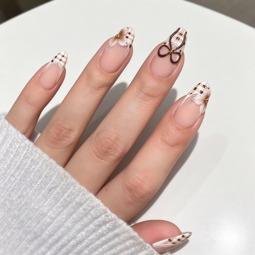 Brown Plaid French Tip Nails with Bows, White Florals, and Gold-Toned Studs