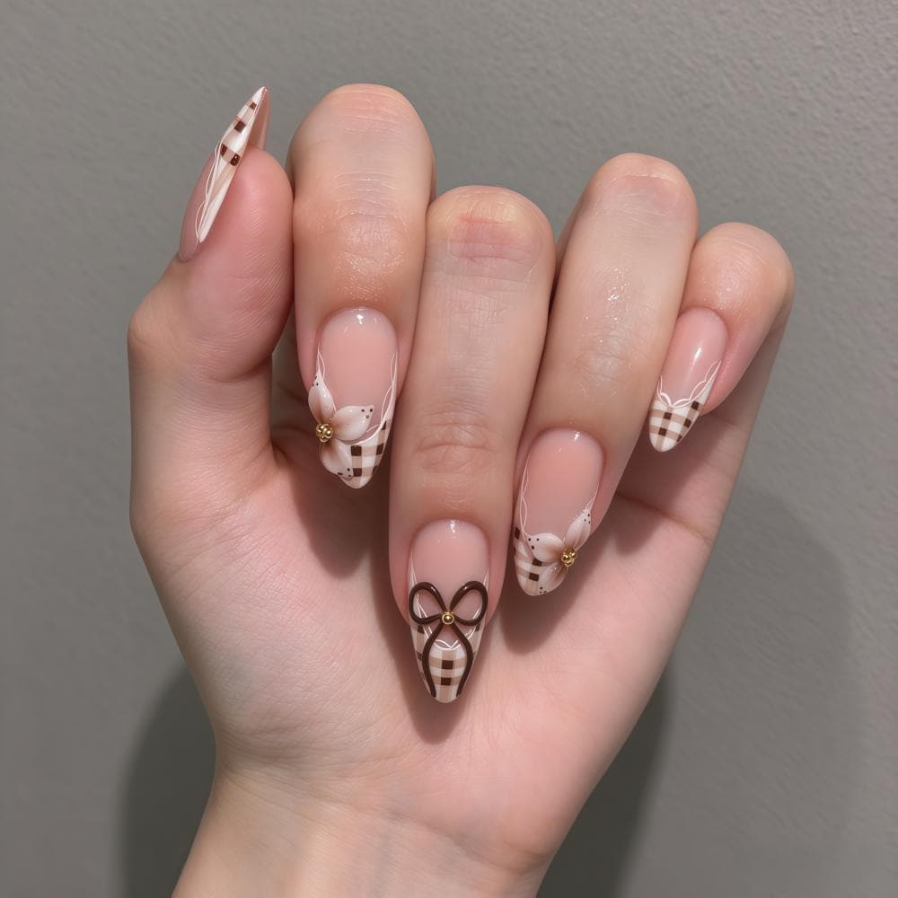 Brown Plaid French Tip Nails with Bows, White Florals, and Gold-Toned Studs