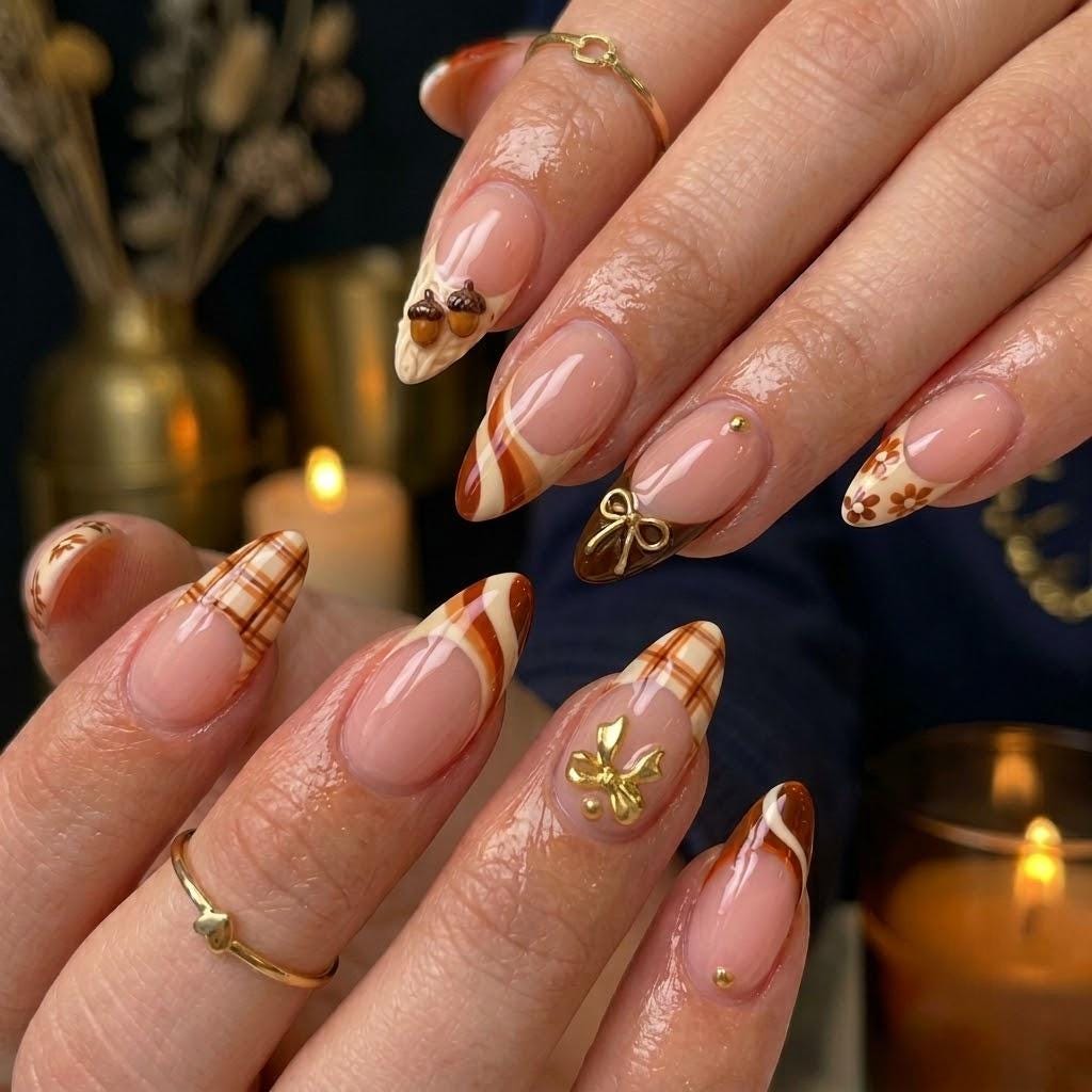 Brown Plaid French Tip Nails with Gold Bow and Fall Charms