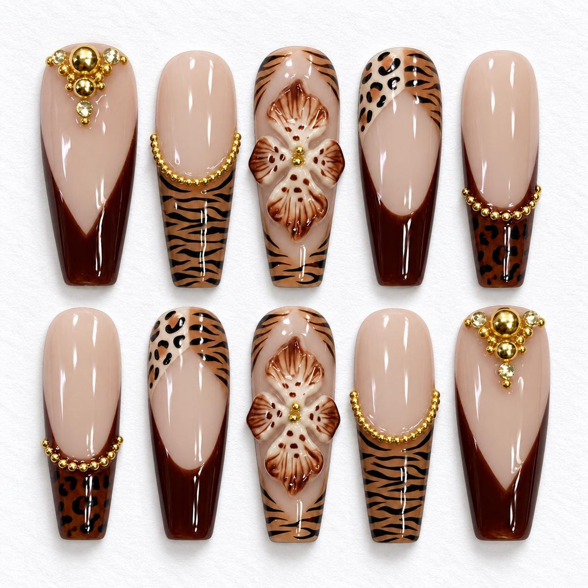Brown Tiger and Leopard French Tip Nails with 3D Flowers and Gold Details