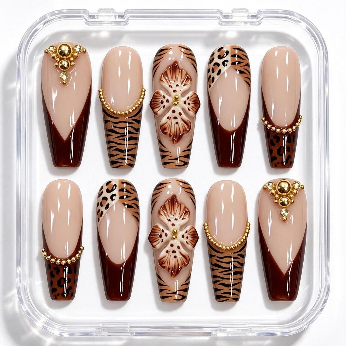 Brown Tiger and Leopard French Tip Nails with 3D Flowers and Gold Details