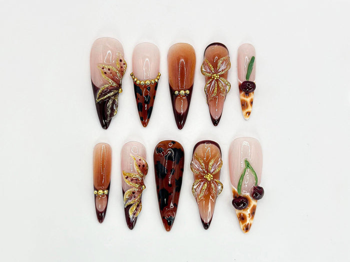 Brown Tortoiseshell and Ombre Press On Nails With Raised Gold Floral Accents and Cherry Details