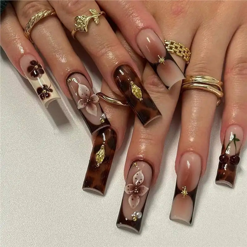 Brown Tortoiseshell French Tip Nails With Cherries, 3D Flowers and Gold Accents