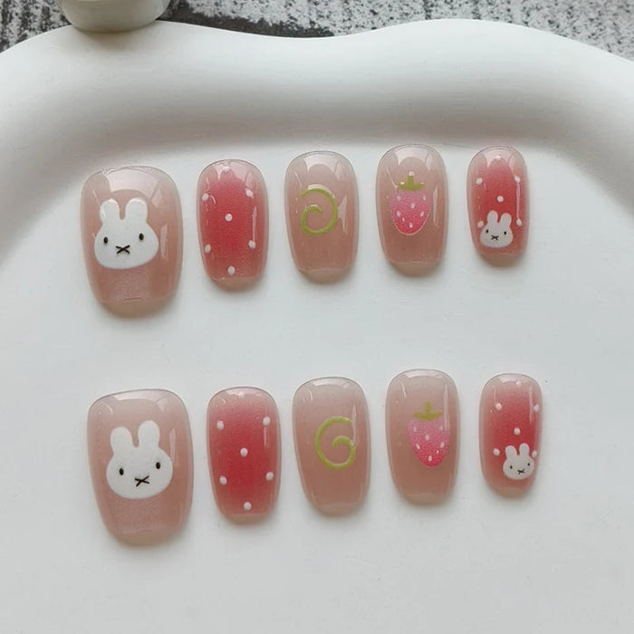 Bunny and Strawberry Press On Nails in Pink and Red