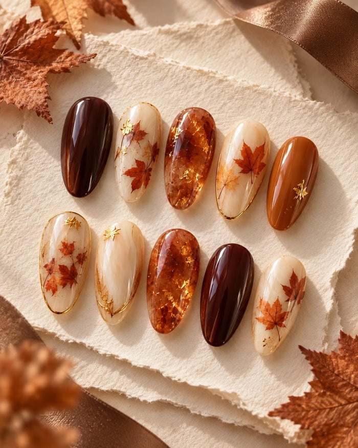 Burgundy and Amber Maple Leaf Fall Press On Nail Set