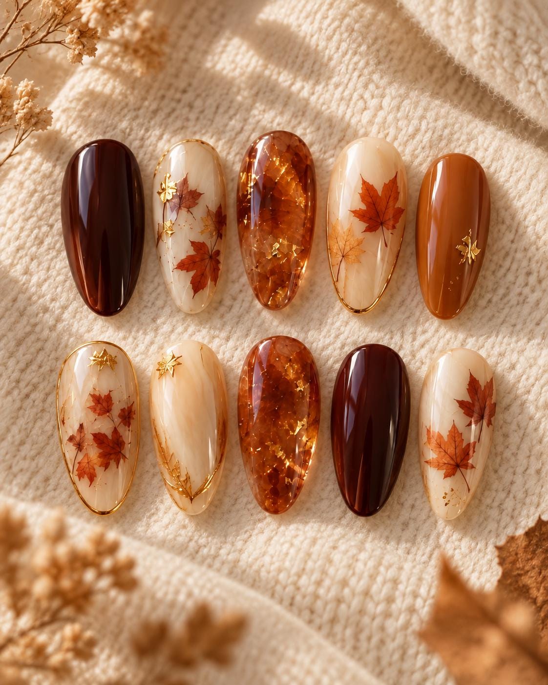 Burgundy and Amber Maple Leaf Fall Nail Set
