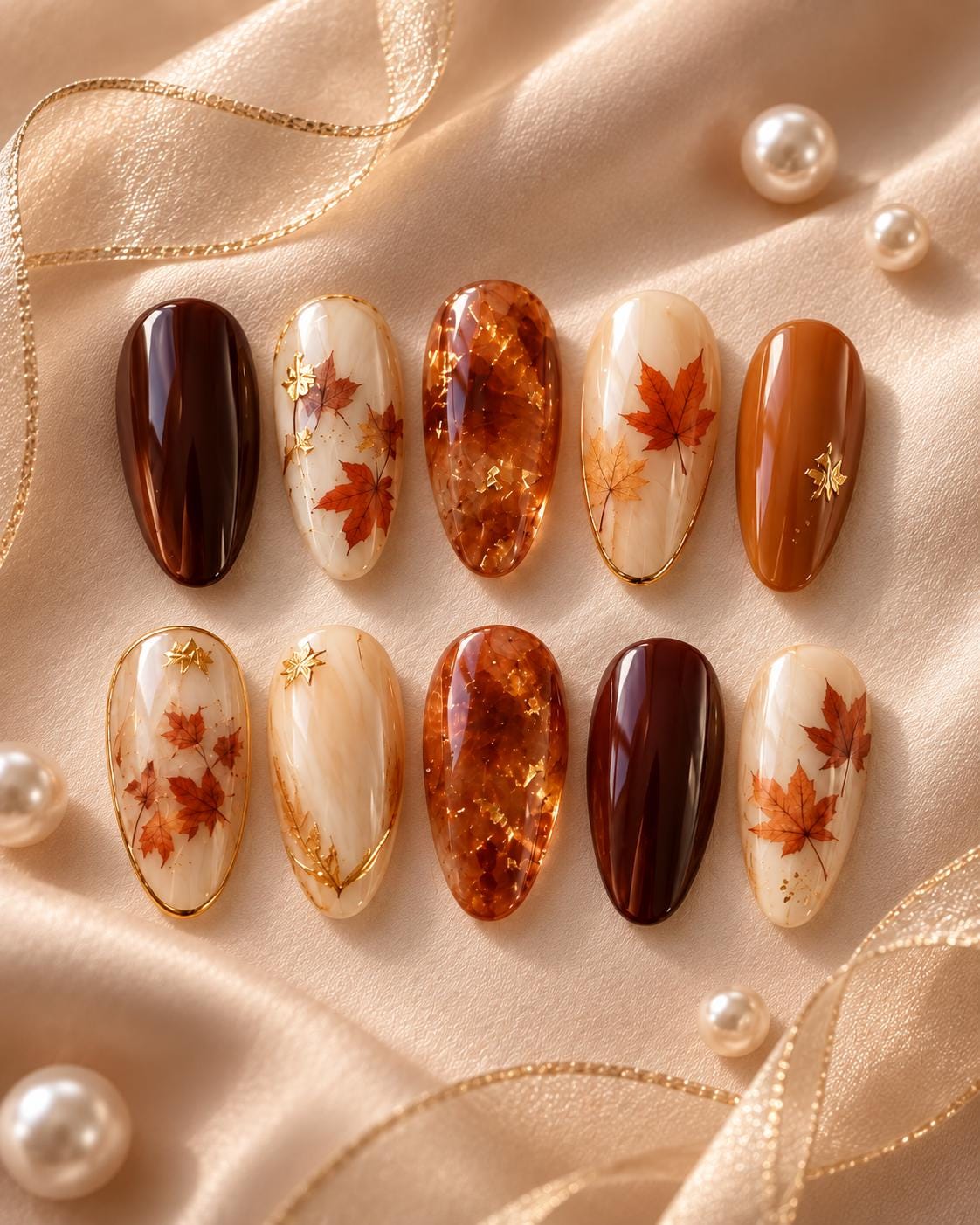 Burgundy and Amber Maple Leaf Fall Nail Set