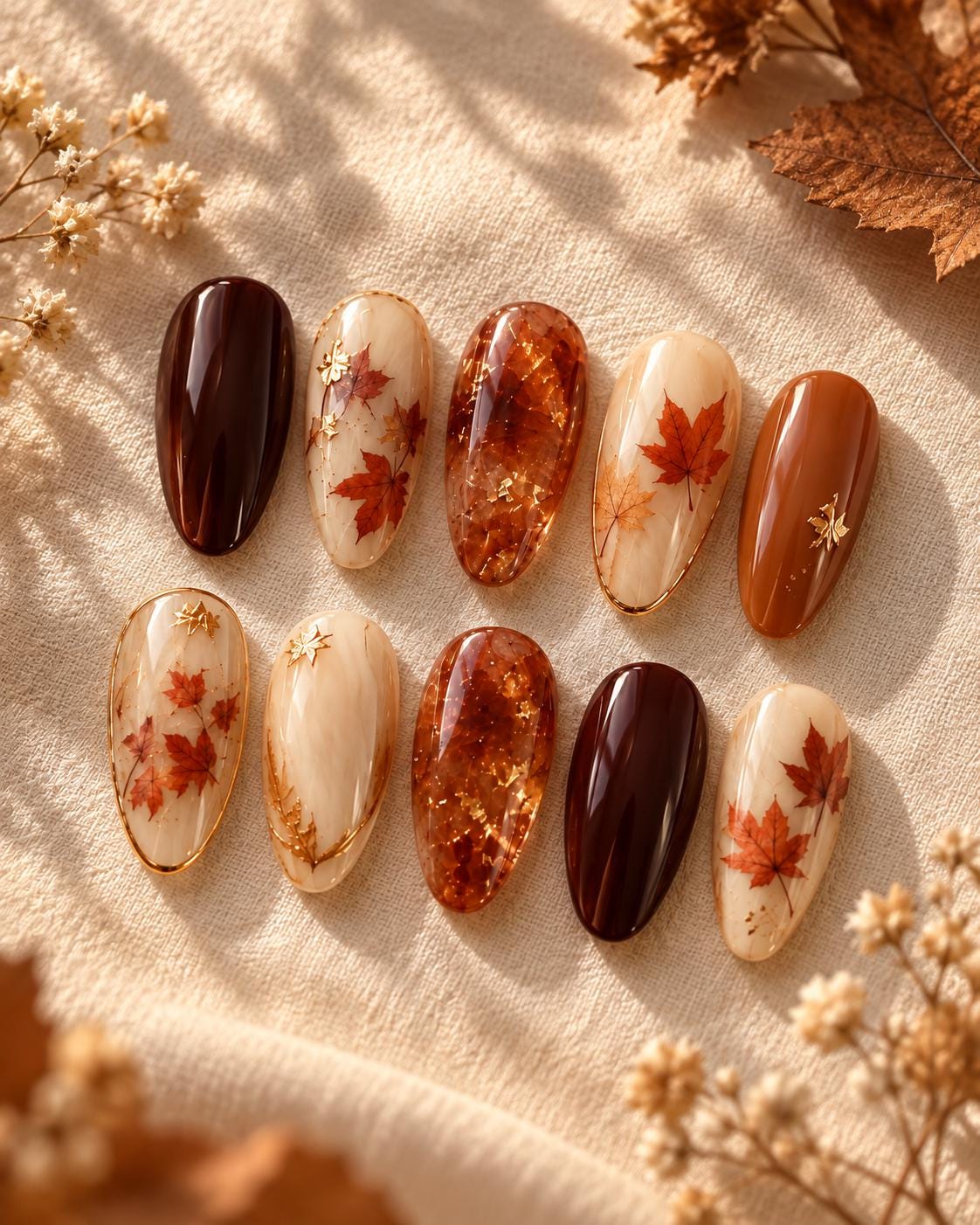 Burgundy and Amber Maple Leaf Fall Nail Set