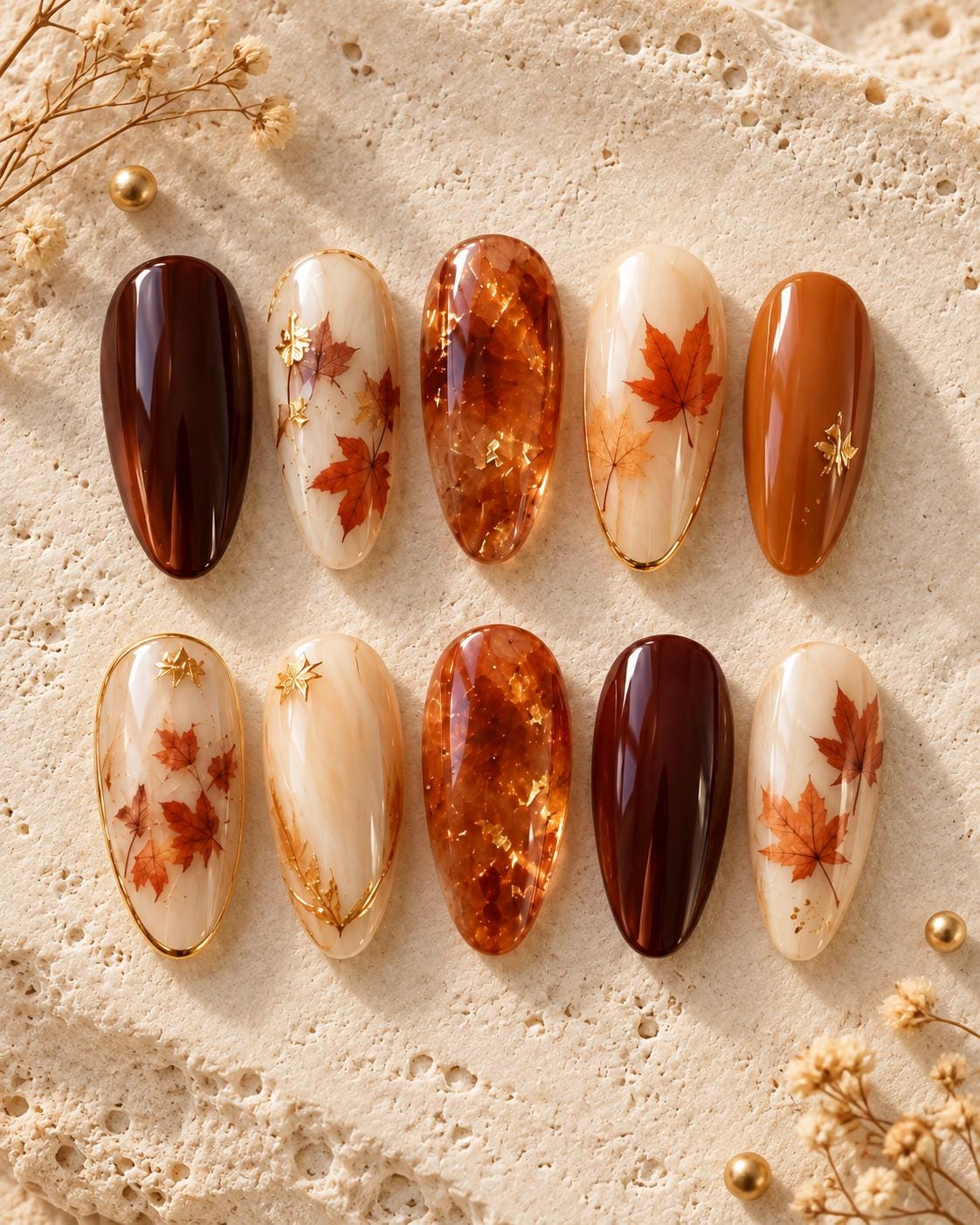 Burgundy and Amber Maple Leaf Fall Nail Set