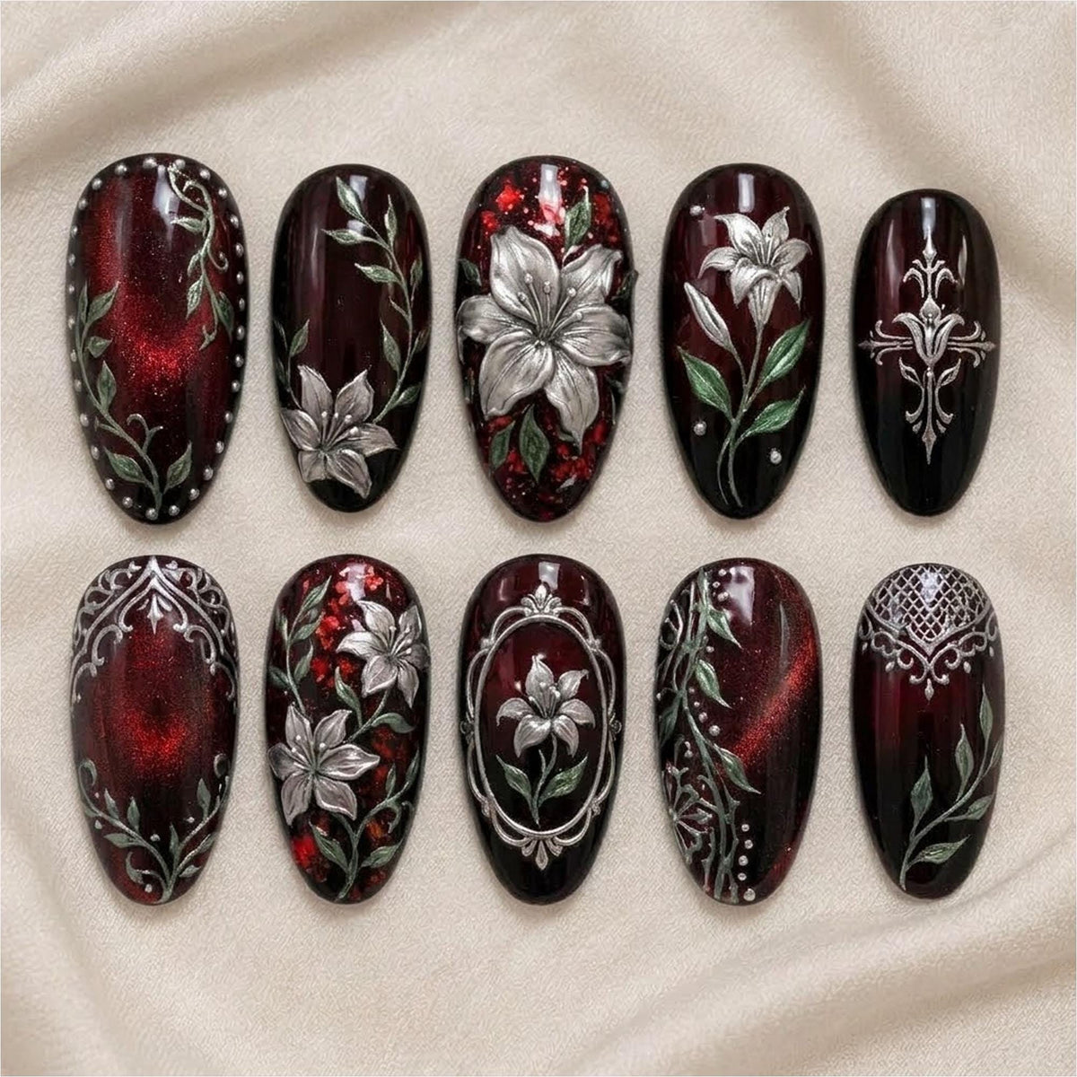 Burgundy and Black Gothic Floral Nail Set With Silver Victorian Details