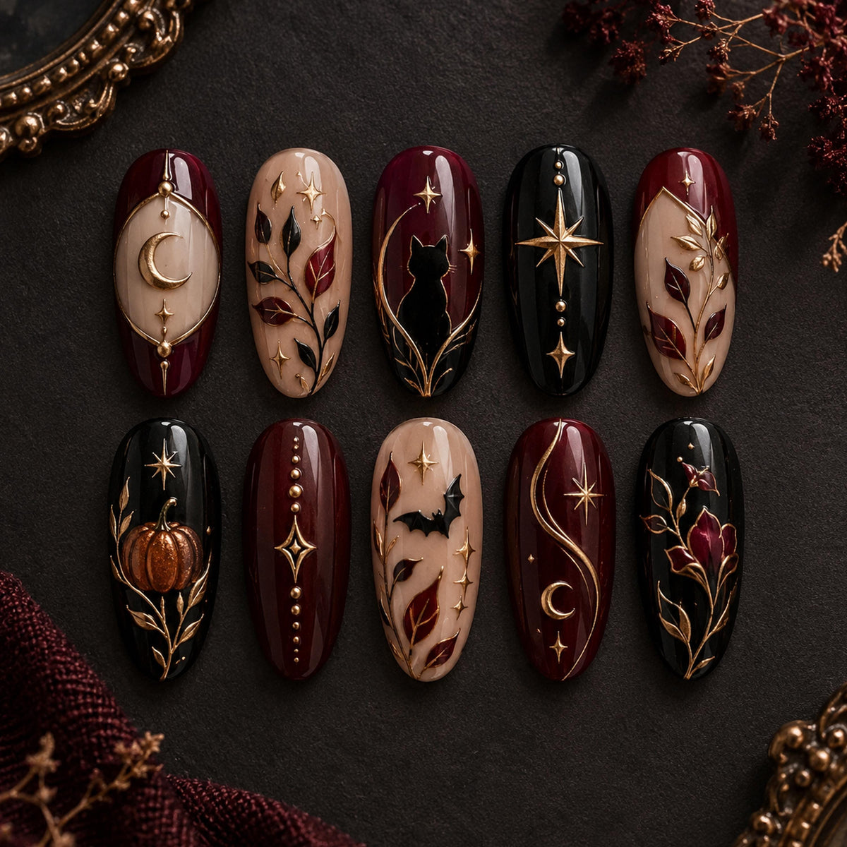 Burgundy and Black Gothic Halloween Nail Set with Cat, Pumpkin, Bats and Gold Celestial Details