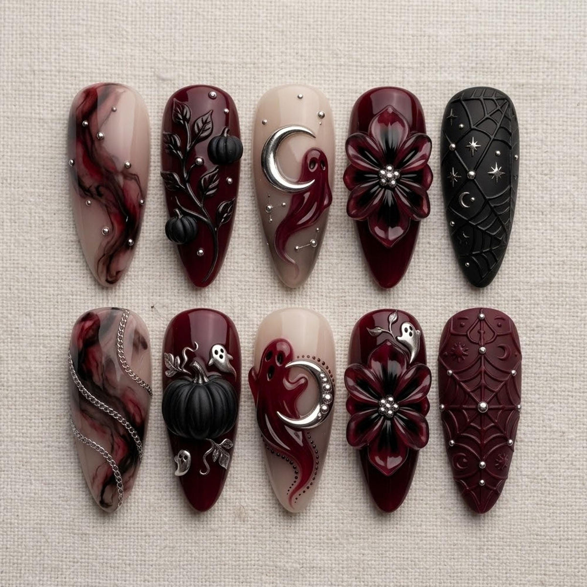 Burgundy and Black Gothic Halloween Nails with 3D Flowers, Pumpkins, Ghosts and Spiderwebs